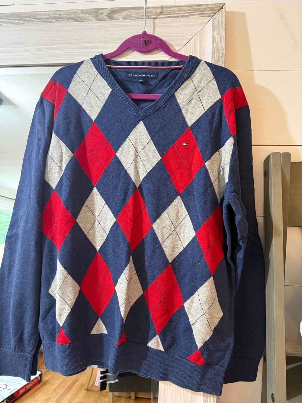Tommy Hilfiger Navy Red Gray Argyle V-Neck Sweater